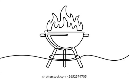Continuous one line drawing of barbecue grill. barbecue grill. Set of continuous one line BBQ grill elements. Single line drawing of a barbecue grill with flames