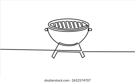 Continuous one line drawing of barbecue grill. barbecue grill. Set of continuous one line BBQ grill elements. Single line drawing of a barbecue grill with flames
