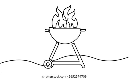 Continuous one line drawing of barbecue grill. barbecue grill. Set of continuous one line BBQ grill elements. Single line drawing of a barbecue grill with flames