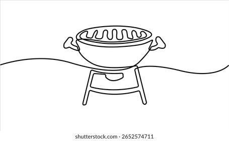 Continuous one line drawing of barbecue grill. barbecue grill. Set of continuous one line BBQ grill elements. Single line drawing of a barbecue grill with flames
