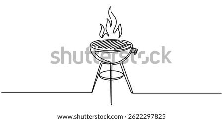 Continuous one line drawing of barbecue grill or kettle grill. barbecue grill. in single line draw illustration. Editable stroke, Single one line drawing BBQ Grill. Cooking utensil concept. Continuous
