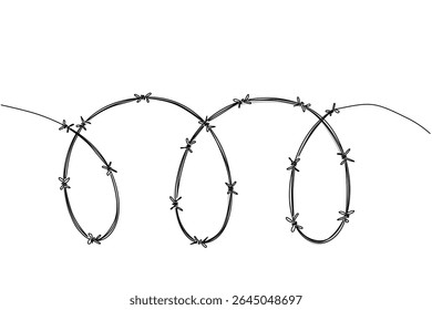 Uma linha contínua desenhando o rolo de cerca farpada. Uma prisão impõe a justiça. Sem intimidação política. Defendendo apenas direitos. Dia Internacional da Anistia. Ilustração de vetor de design de desenho de linha única
