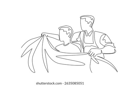 Continuous one line drawing a barber holds cloth and puts it on man sits on chair. Hair styling. Salon. National Hairstylist Mental Health Awareness Day. Single line draw design vector illustration