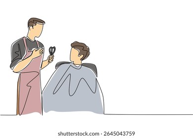 Continuous one line drawing a barber talking to a man sitting and wearing body covering. Current fashion. National Hairstylist Mental Health Awareness Day. Single line draw design vector illustration