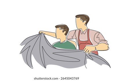 Continuous one line drawing a barber holds cloth and puts it on man sits on chair. Hair styling. Salon. National Hairstylist Mental Health Awareness Day. Single line draw design vector illustration