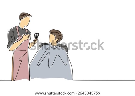 Continuous one line drawing a barber talking to a man sitting and wearing body covering. Current fashion. National Hairstylist Mental Health Awareness Day. Single line draw design vector illustration