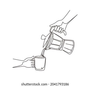 Continuous one line drawing barista pour espresso from moka pot. Moka coffee pot to make espresso on hand. Coffee in vintage. Barista coffee moka concept. Single line draw design vector illustration