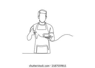 Continuous one line drawing Barista showing and holding cup of coffee or tea. International coffee day concept. Single line draw design vector graphic illustration.