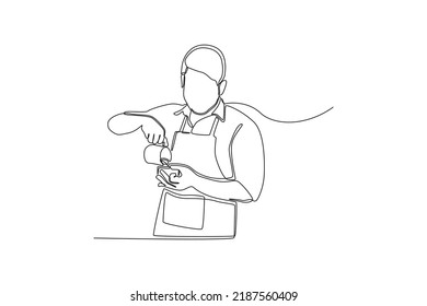 Una línea continua dibujando barista vertiendo leche al café. Concepto de día de café internacional. Ilustración gráfica vectorial de diseño de líneas simples.