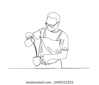 Continuous one line drawing of  barista pouring milk to coffee, preparing drink. Barista single outline vector illustration. Editable stroke.