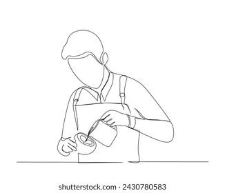 Continuous one line drawing of barista pouring milk to coffee, preparing drink. Barista making latte art in single outline vector illustration. Editable stroke.