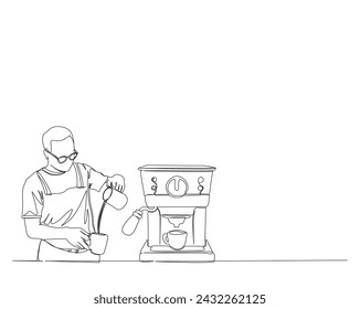 Continuous one line drawing of barista pouring milk to coffee. Barista and coffee machine in single outline vector illustration. Editable stroke.