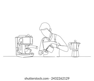 Dibujo continuo de una línea de barista vertiendo leche al café. Barista y máquina de café en ilustración vectorial de contorno único. Trazo editable.