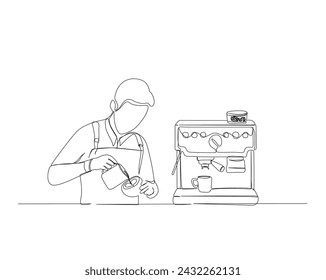 Continuous one line drawing of barista pouring milk to coffee. Barista and coffee machine in single outline vector illustration. Editable stroke.