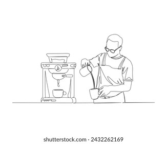 Continuous one line drawing of barista pouring milk to coffee. Barista and coffee machine in single outline vector illustration. Editable stroke.