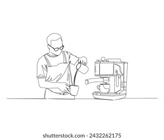 Dibujo continuo de una línea de barista vertiendo leche al café. Barista y máquina de café en ilustración vectorial de contorno único. Trazo editable.