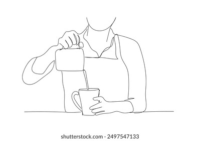 Continuous one line drawing of barista pouring milk to coffee, preparing drink. Barista making latte art in single outline vector illustration. Editable stroke.