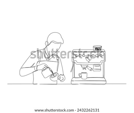 Continuous one line drawing of barista pouring milk to coffee. Barista and coffee machine in single outline vector illustration. Editable stroke.