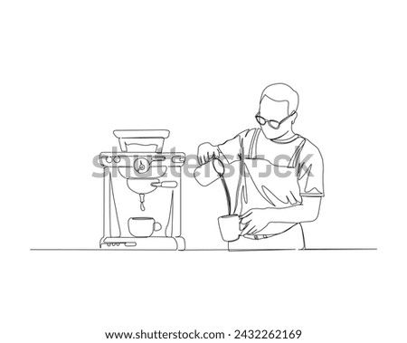 Continuous one line drawing of barista pouring milk to coffee. Barista and coffee machine in single outline vector illustration. Editable stroke.