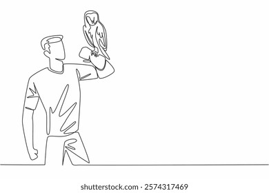 Continuous one line drawing barn owl perched on hand of man. Has a distinctive facial feature with a heart pattern. Gentle to humans. Man Holding Bird. Single line draw design vector illustration