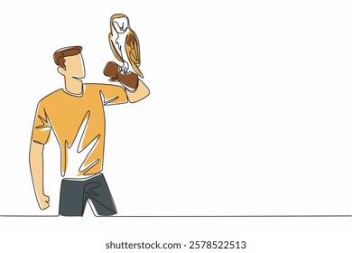 Continuous one line drawing barn owl perched on hand of man. Has a distinctive facial feature with a heart pattern. Gentle to humans. Man Holding Bird. Single line draw design vector illustration