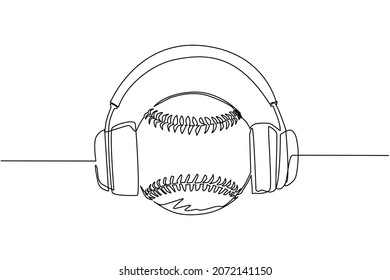 Continuous one line drawing baseball ball with headphone. Baseball commentator sport icon concept white isolated. Flat cartoon style suitable for web, banner, sticker. Single line draw design vector