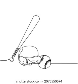 Continuous one line drawing baseball and softball label. Ball and helmet with wooden bat. Sporting symbol and mascot. Variety of baseball equipment: bat, ball, helmet. Single line draw design vector