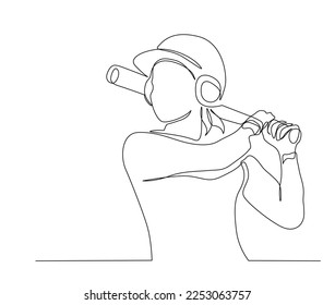 Continuous one line drawing of baseball player. Simple Baseball Sport line art vector illustration.