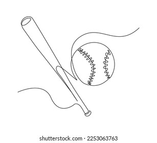 Continuous one line drawing of baseball bat and the ball. Simple Baseball bat line art vector illustration.