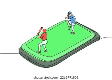 Continuous one line drawing baseball field and two players smartphone screen  Online baseball games  Smartphone applications  Mobile baseball  Single line draw design vector graphic illustration