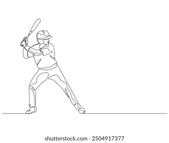 Dibujo continuo de una línea del jugador de béisbol. Ilustración de dibujo de una línea de jugador de béisbol golpeando la pelota. Deportes americanos, arte de línea de concepto de entrenamiento deportivo. Esquema editable