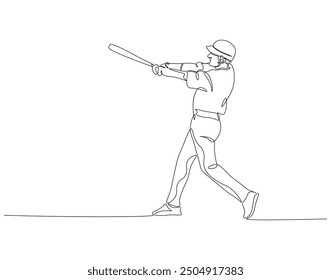 Dibujo continuo de una línea del jugador de béisbol. Ilustración de dibujo de una línea de jugador de béisbol golpeando la pelota. Deportes americanos, arte de línea de concepto de entrenamiento deportivo. Esquema editable