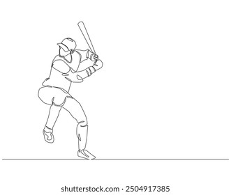 Dibujo continuo de una línea del jugador de béisbol. Ilustración de dibujo de una línea de jugador de béisbol golpeando la pelota. Deportes americanos, arte de línea de concepto de entrenamiento deportivo. Esquema editable