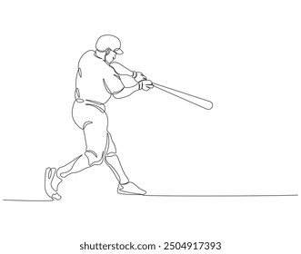 Dibujo continuo de una línea del jugador de béisbol. Ilustración de dibujo de una línea de jugador de béisbol golpeando la pelota. Deportes americanos, arte de línea de concepto de entrenamiento deportivo. Esquema editable