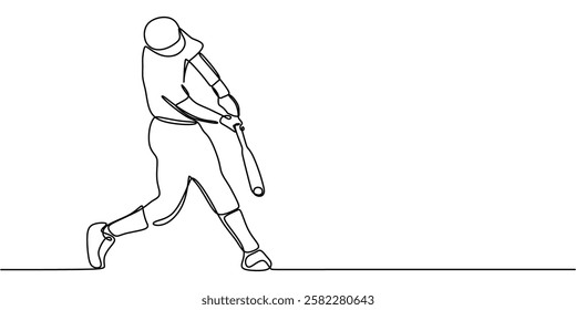 Continuous one line drawing of a baseball player hitting a ball. Symbol of precision, training, and athletic competition. Vector illustration hand drawn.