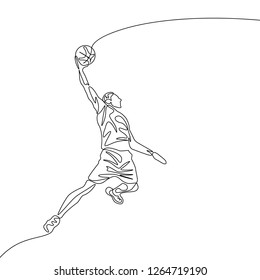 Continuous one line drawing basketball player jumps doing slam dunk