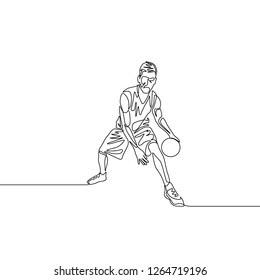 Continuous one line drawing basketball player dribbling passes the ball between his legs