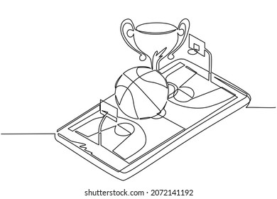 Continuous one line drawing basketball ball and trophy cup over virtual basketball court smartphone screen. Online basketball games. Smartphone application. Single line draw design vector illustration
