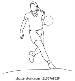 Continuous one line drawing of basketball player dribbling and holding the ball. Athlete running simplicity minimalism design.