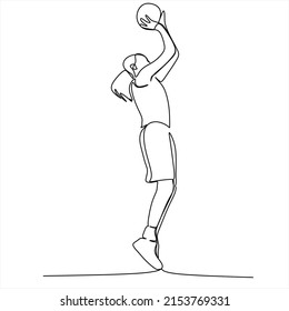 Dibujo continuo de una línea de un jugador de baloncesto que gotea y sostiene la pelota. Atleta con diseño minimalista de simplicidad.