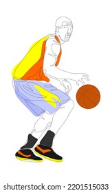 Continuous one line drawing of basketball player dribbling and holding the ball. Athlete running simplicity minimalism design.