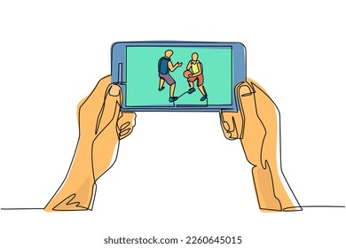 Continuous one line drawing basketball league live streaming mobile phone  Man hands holding smartphone  watch any live basketball match online  Single line draw design vector graphic illustration