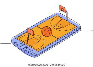 Concepto en línea continuo de dibujo de una línea de baloncesto. Campo de baloncesto isométrico, tablero de indicadores y pelota colocado en la pantalla del smartphone. Juegos de baloncesto en línea. Gráfico vectorial de diseño de trazos de línea única