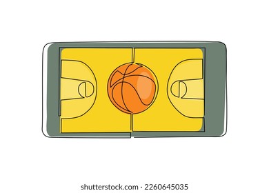 Continuous one line drawing basketball court and basketball ball in smartphone screen. Online basketball games. Smartphone applications. Mobile basketball. Single line draw design vector illustration