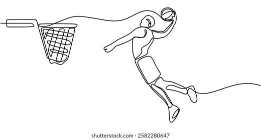 Continuous one line drawing of a basketball player performing a slam dunk. Symbol of power, athleticism, and game excitement. Vector illustration hand drawn.