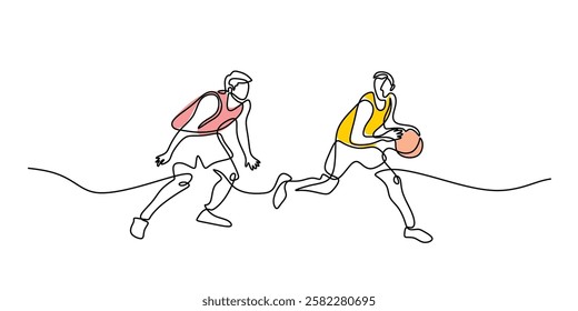 Continuous one line drawing of a basketball player dribbling. Representation of speed, agility, and sports action. Vector illustration hand drawn.