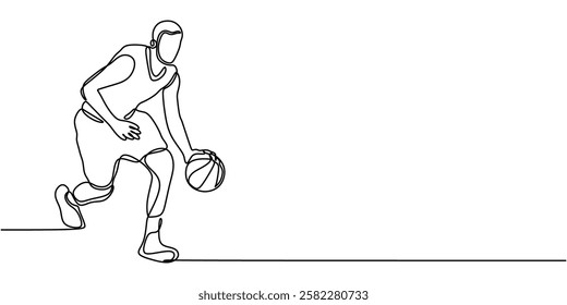 Continuous one line drawing of a basketball player dribbling. Representation of sports, agility, and competition. Vector illustration hand drawn.