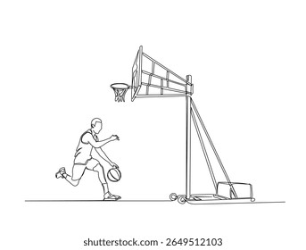 Desenho contínuo de uma linha do jogador de basquete com basquete hoop. Vetor editável.