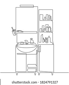 Continuous one line drawing of Bathroom interior with washbasin and mirror and cosmetic products for washing. The bath room sink in line style