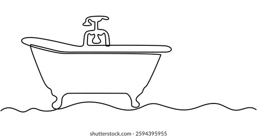  Continuous one line drawing of bathtub design. Simple bath in single line draw illustration. Continuous Line Drawing of Baby Bath Icon. Hand Drawn Symbol Vector Illustration.table stroke. 